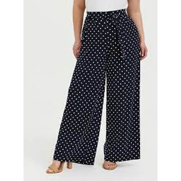 Socialite Wide Leg Pants Small Navy Ivory Polka Dot Palazzo Belt Tie Goucho Work - Picture 13 of 13